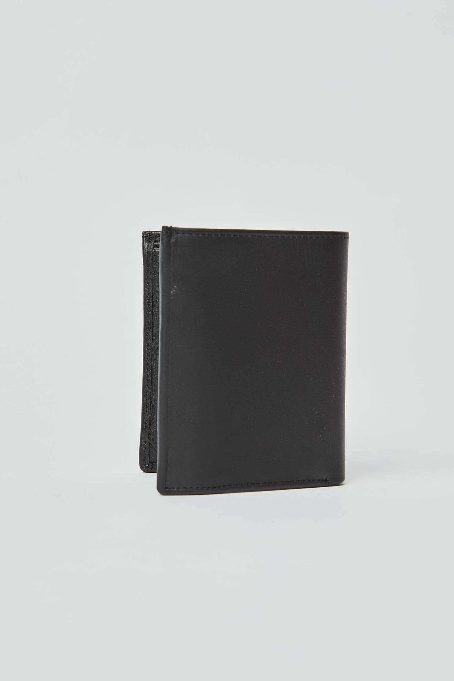 Classic black leather men's bifold wallet with minimal design on plain background