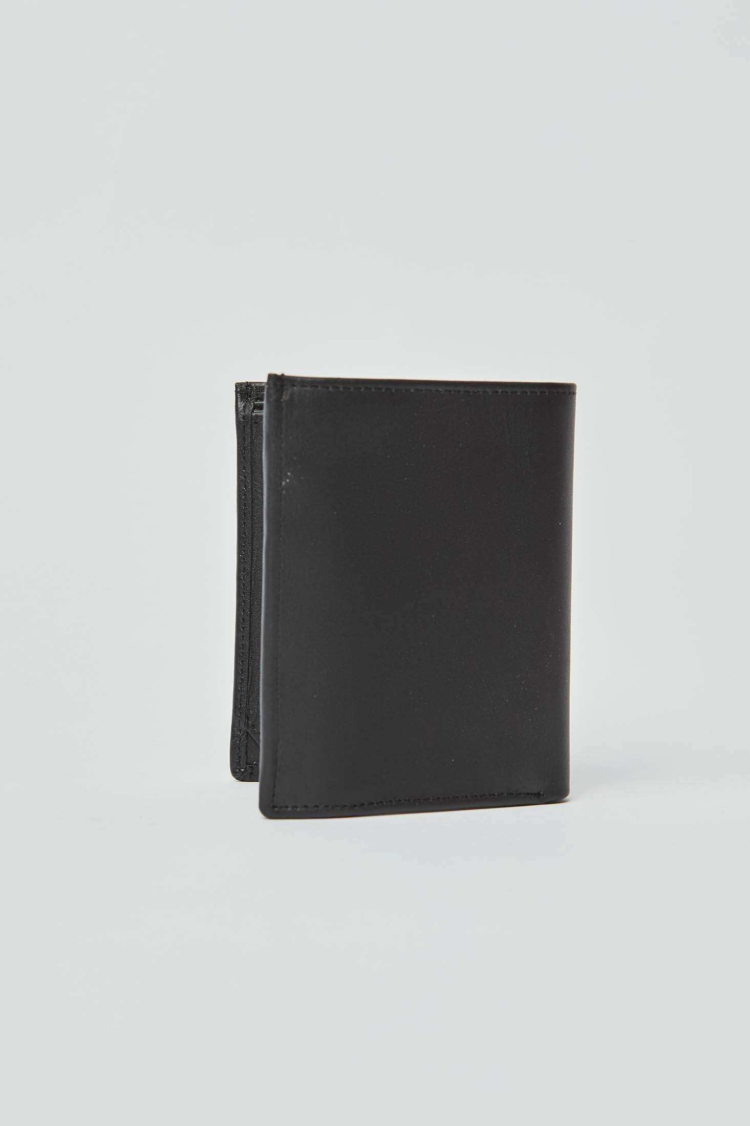 Classic black leather men's bifold wallet with minimal design on plain background