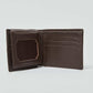 Open brown leather wallet with card slots and ID window on white background