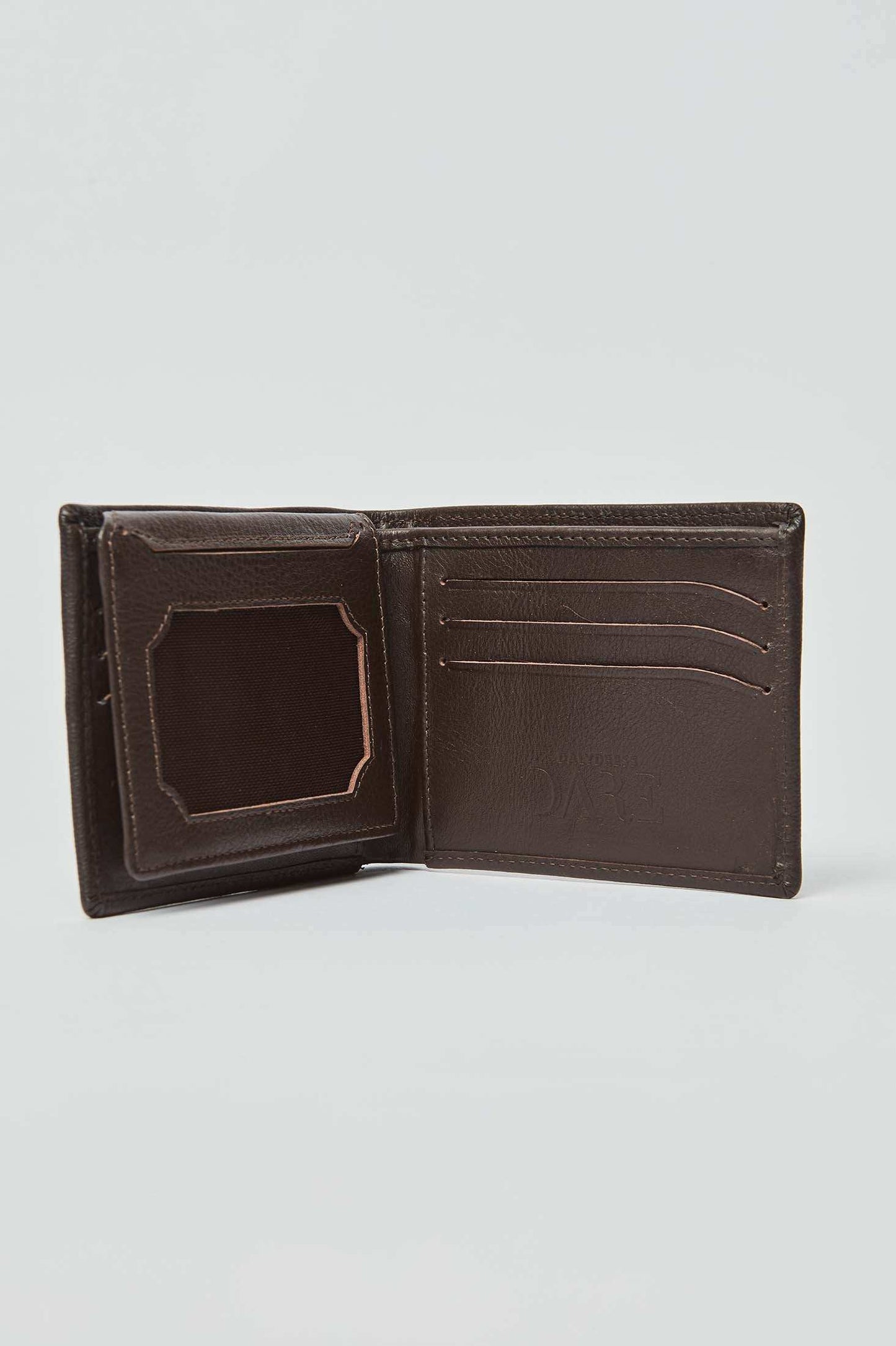 Open brown leather wallet with card slots and ID window on white background