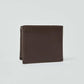 Men's dark brown leather bifold wallet on plain light background