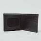 Open black leather wallet with card slots and ID window on white background