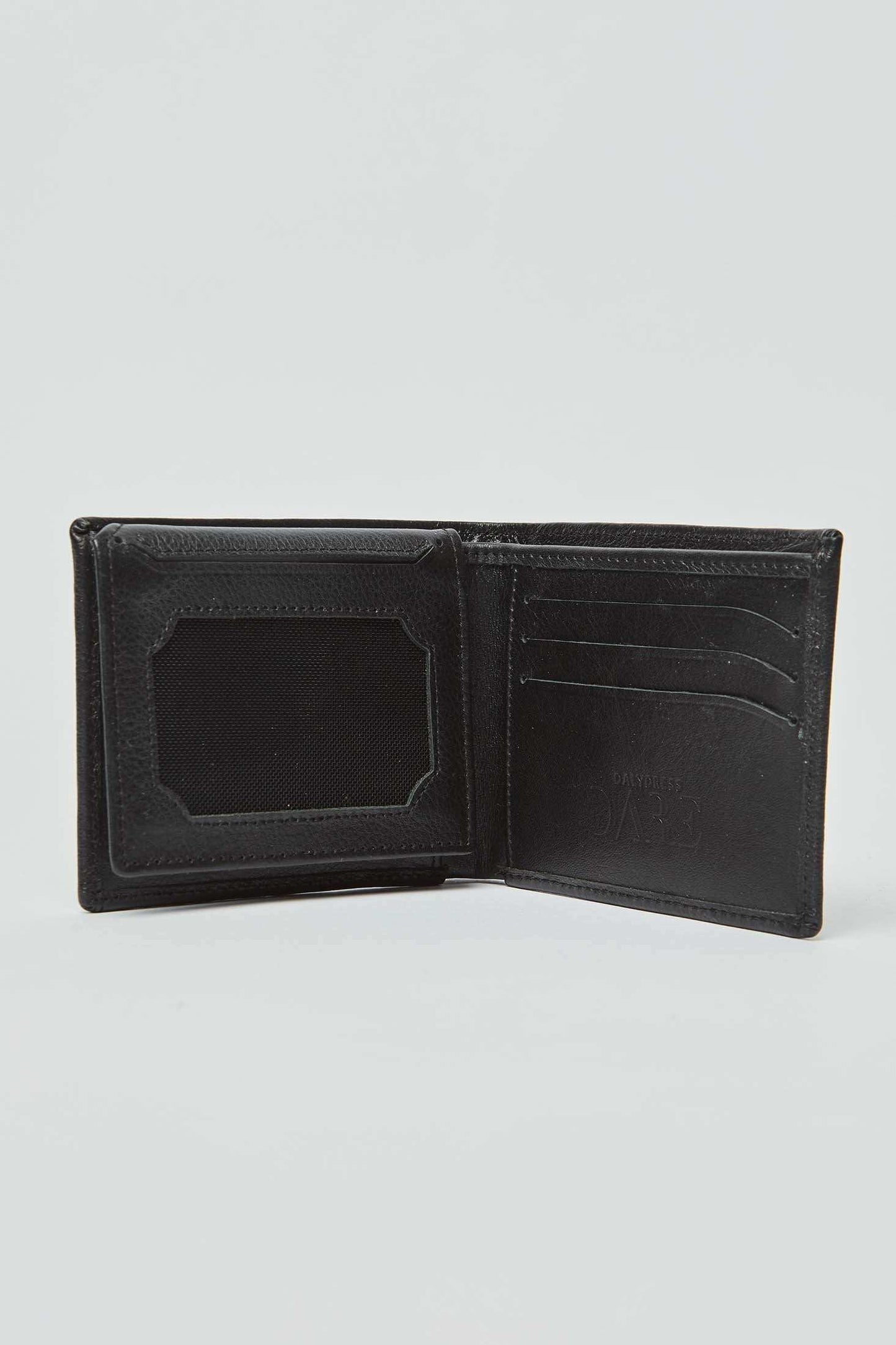 Open black leather wallet with card slots and ID window on white background
