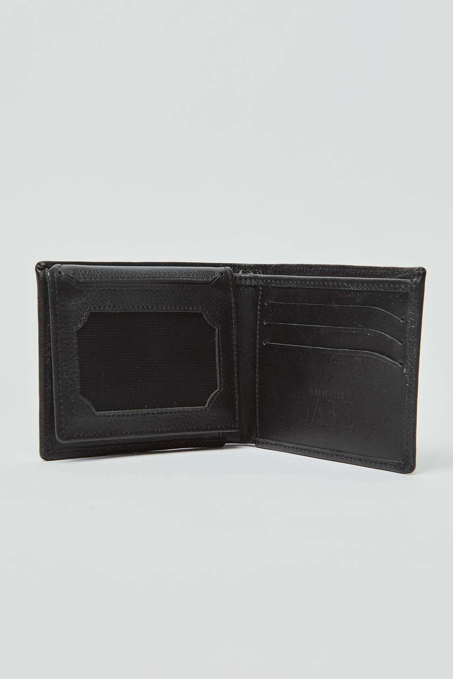 Open black leather wallet with card slots and ID window on white background