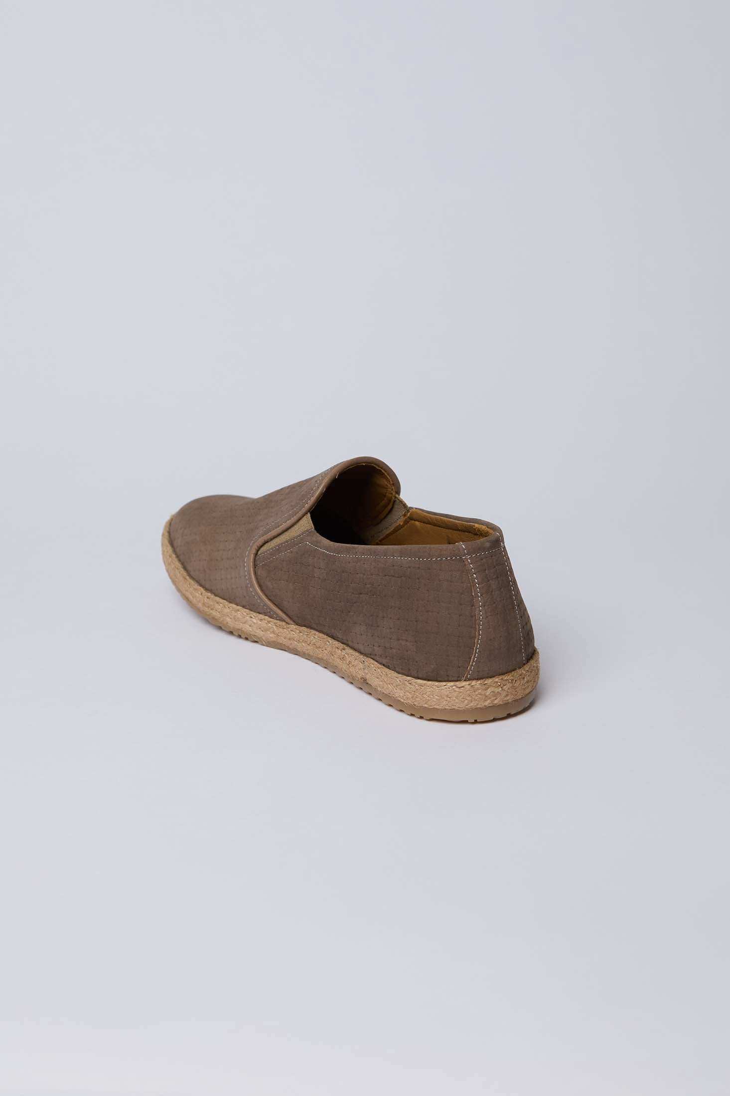 Brown men's casual slip-on shoe with woven sole by Dalydress on white background