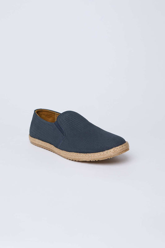 Dalydress men's navy blue slip-on shoe with woven sole on white background
