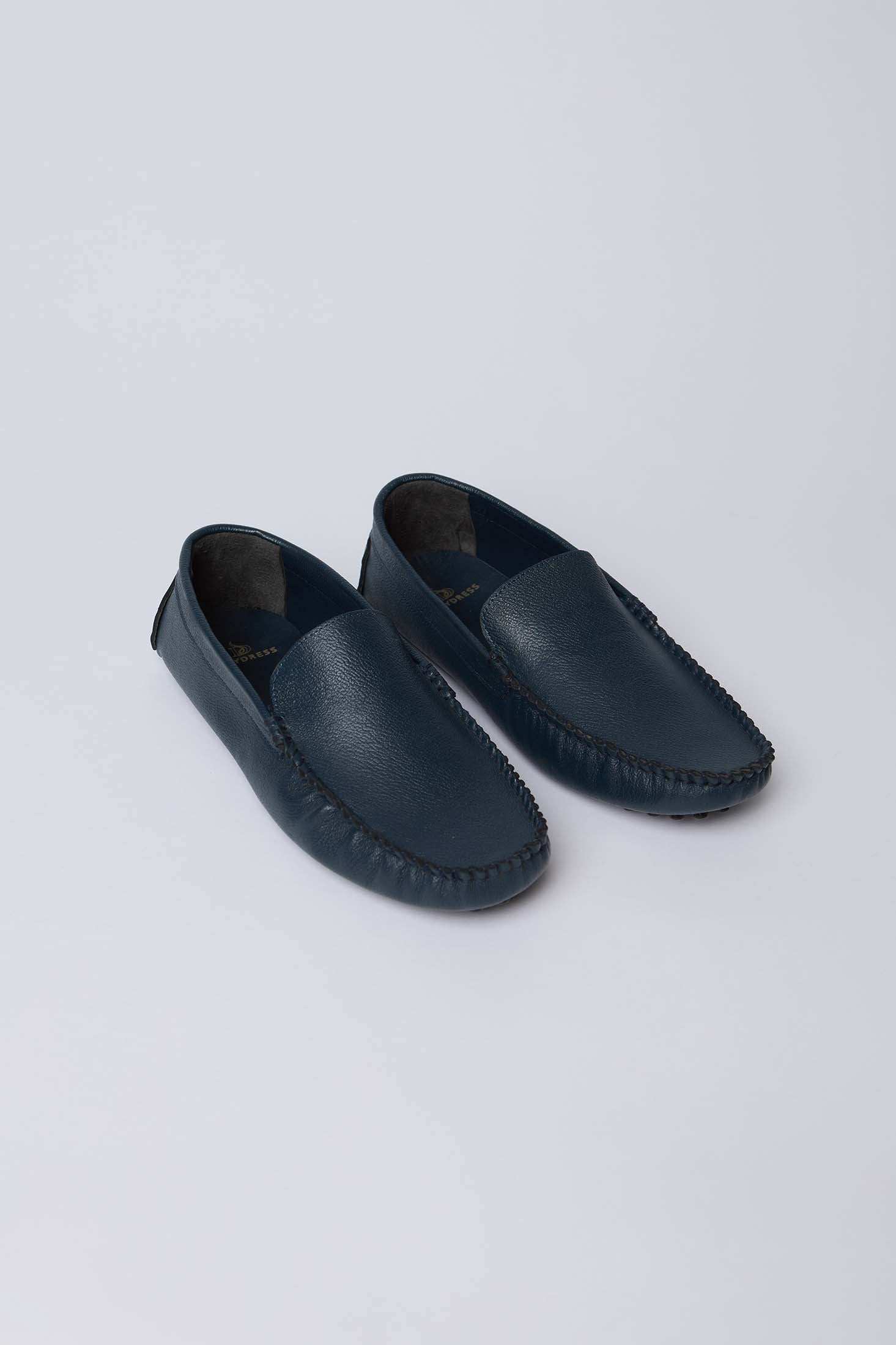 Dalydress men's navy blue leather loafers casual shoes on white background