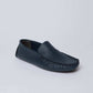 Dalydress men's navy blue leather loafer with moccasin stitching on white background