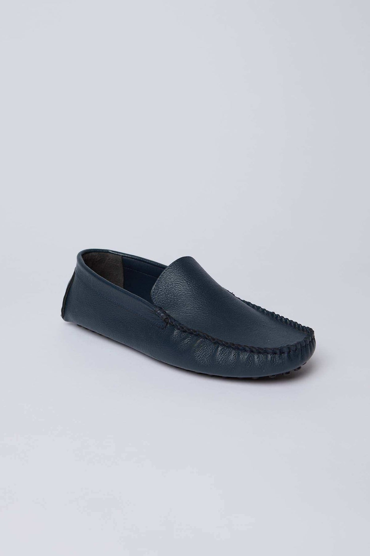 Dalydress men's navy blue leather loafer with moccasin stitching on white background