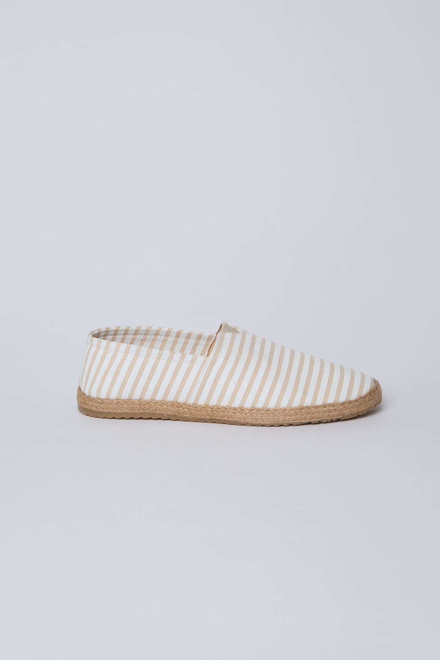 Dalydress men's striped espadrille in beige and white with woven sole on plain background