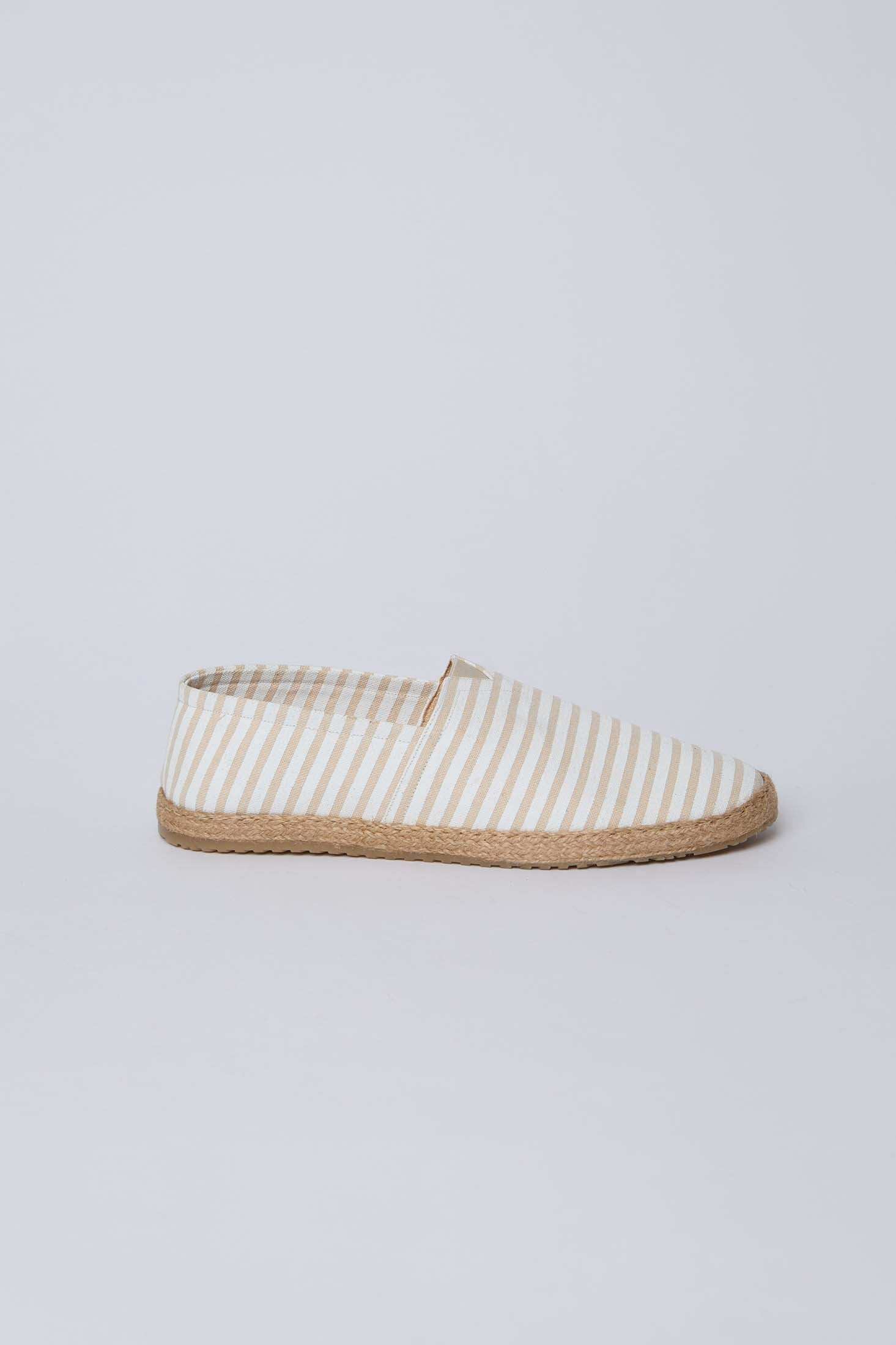 Dalydress men's striped espadrille in beige and white with woven sole on plain background