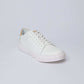 White leather Dalydress sneaker with beige heel detail on clean white background