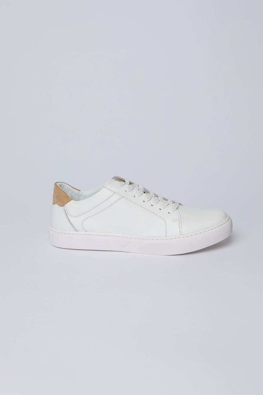 Dalydress white leather men's sneaker with tan suede heel accent on plain background