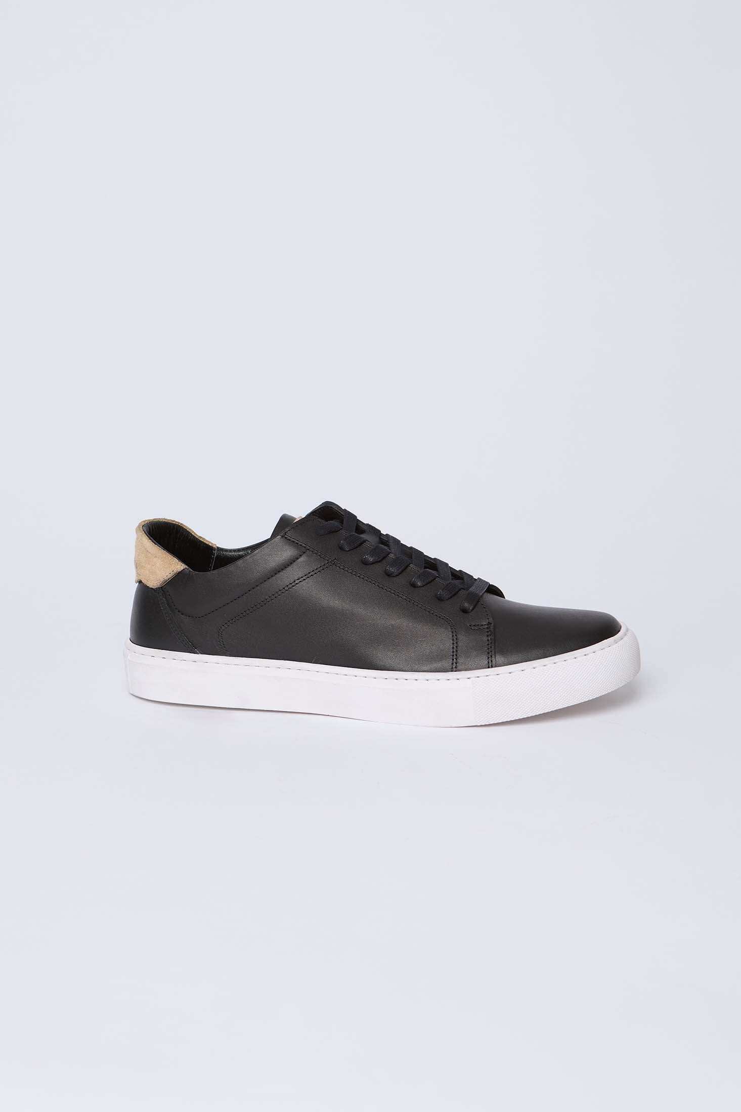 Dalydress black leather sneaker with white sole and beige suede heel, men's casual footwear