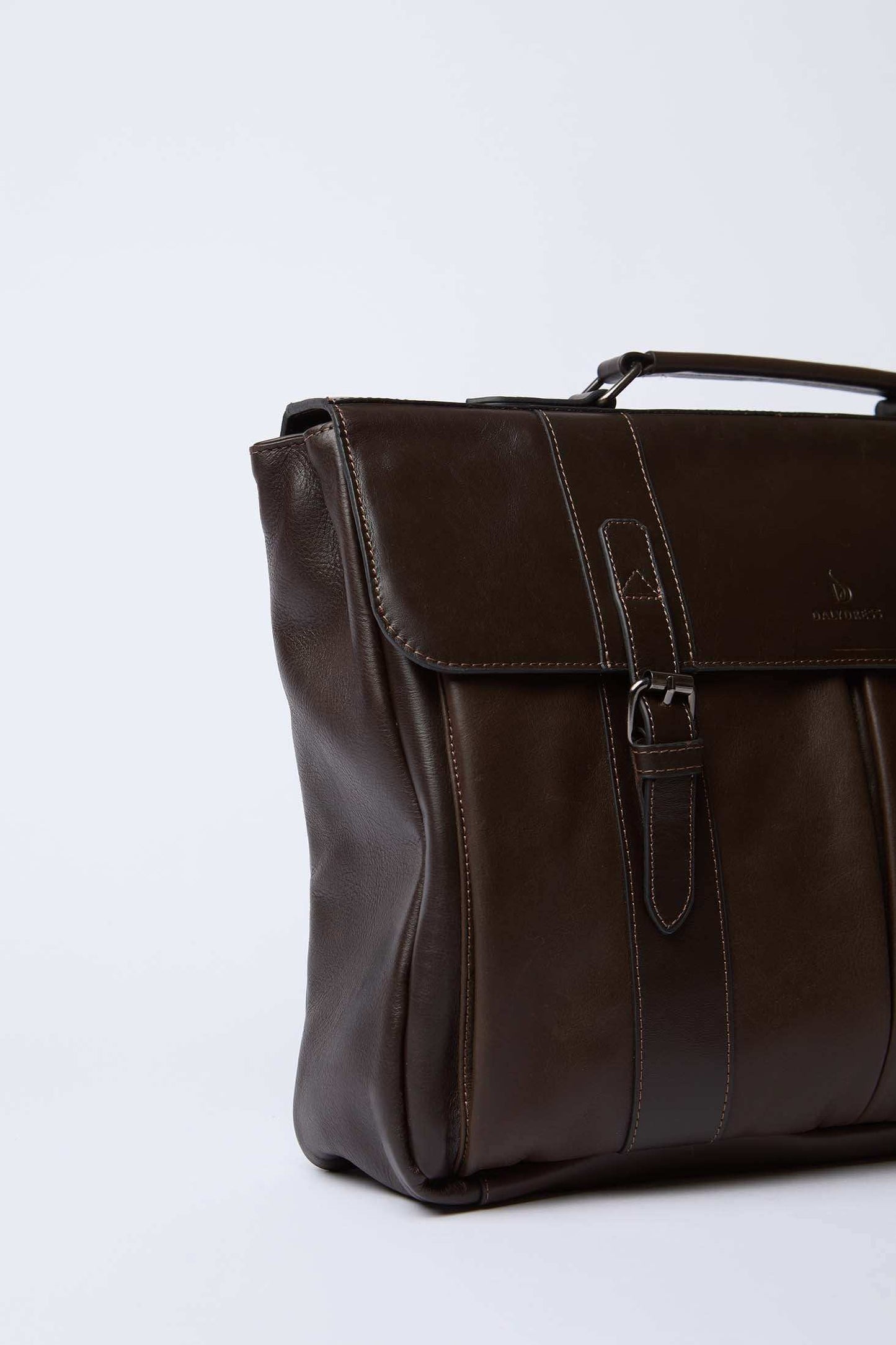 Dalydress brown leather men's briefcase with handle and buckle on a white background