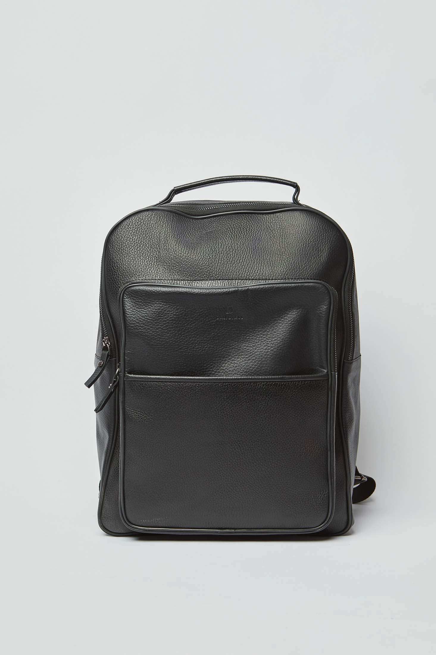 Dalydress black leather backpack with front zipper pocket on white background