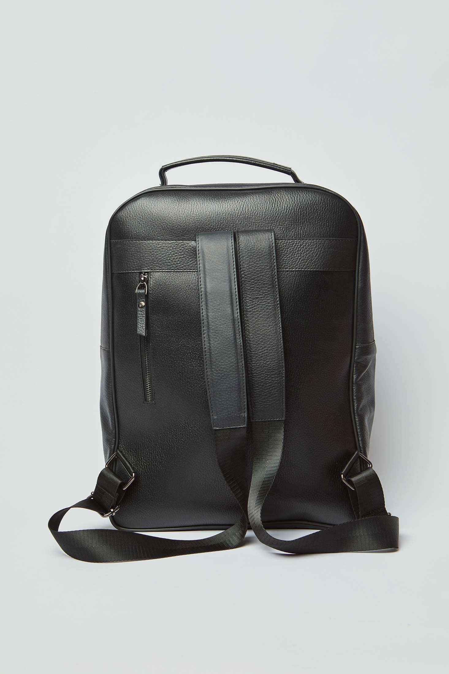 Dalydress black leather backpack with top handle, adjustable straps, and rear zipper pocket