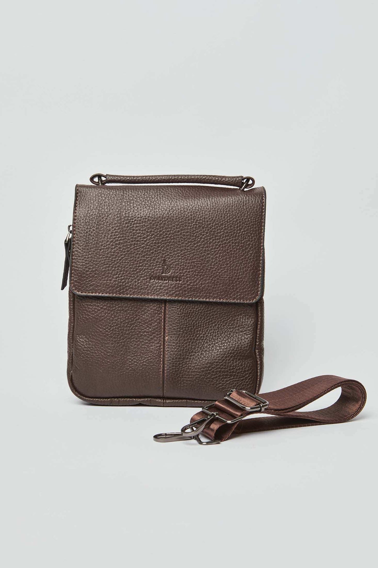 Dalydress brown leather men's crossbody bag with detachable strap, front view on white background