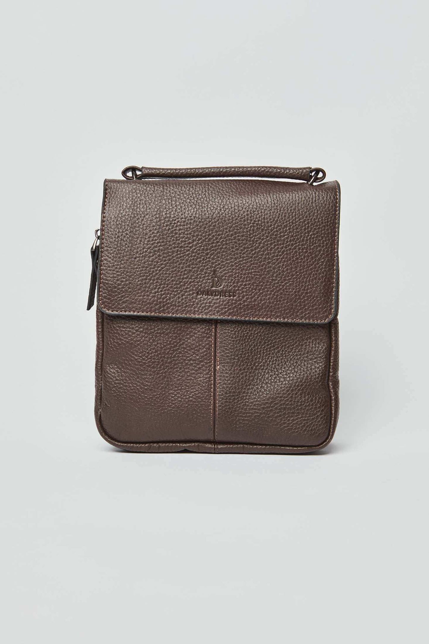 Dalydress brown leather crossbody bag for men with flap closure, front view