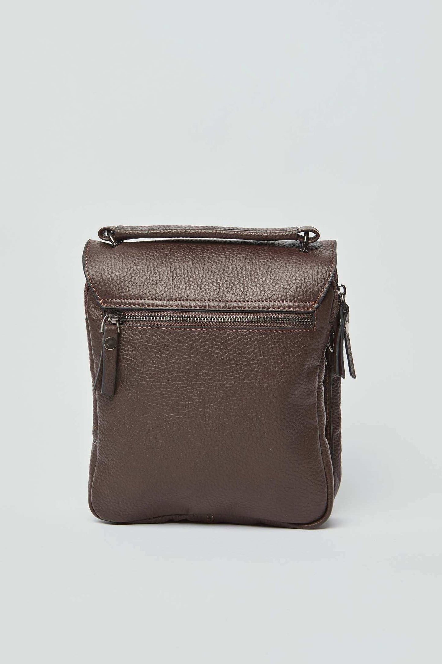 Dalydress dark brown leather men's crossbody bag with front zipper pocket on white background