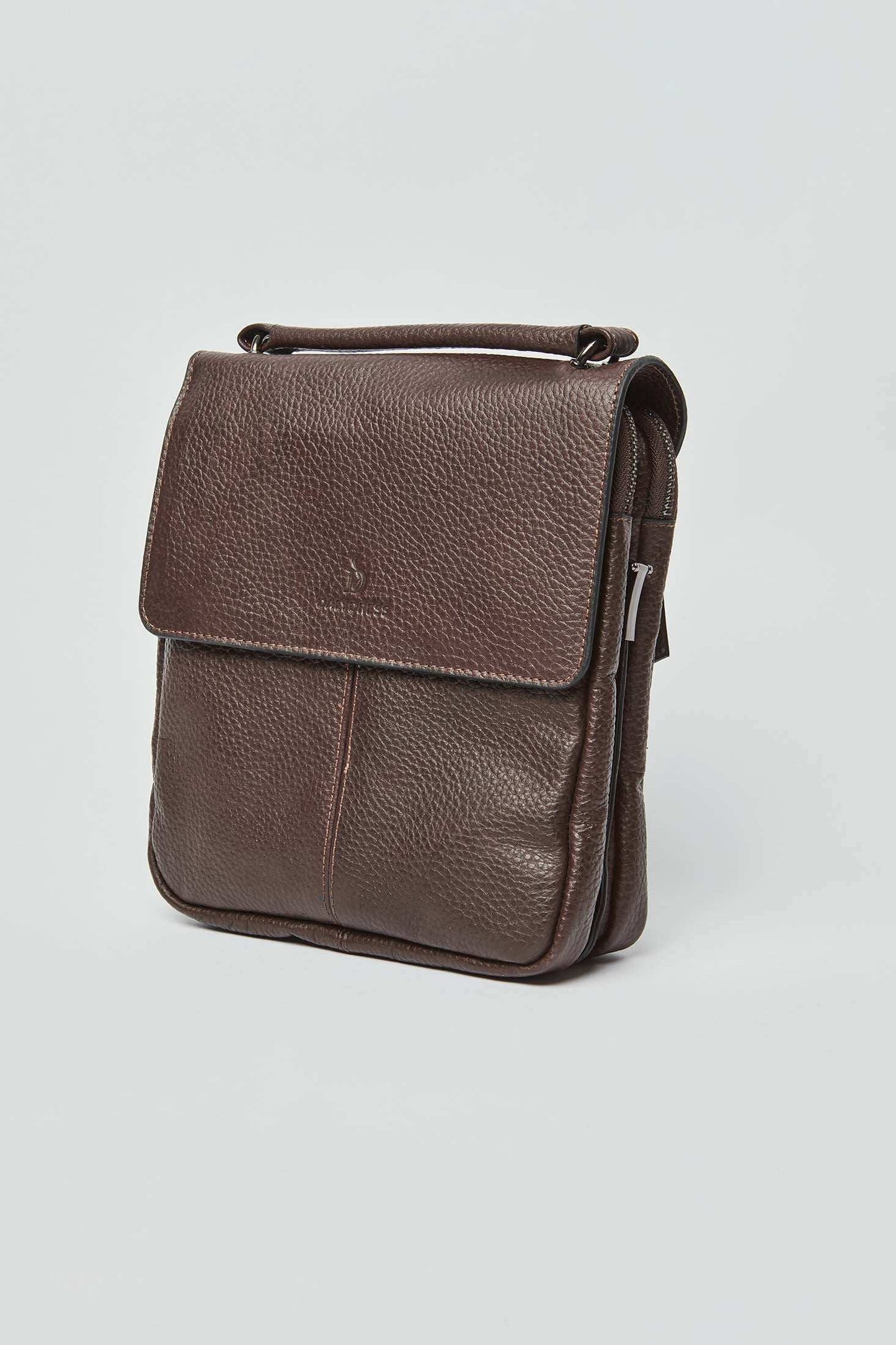 Dalydress men's brown leather crossbody bag with textured finish, front view on white background.