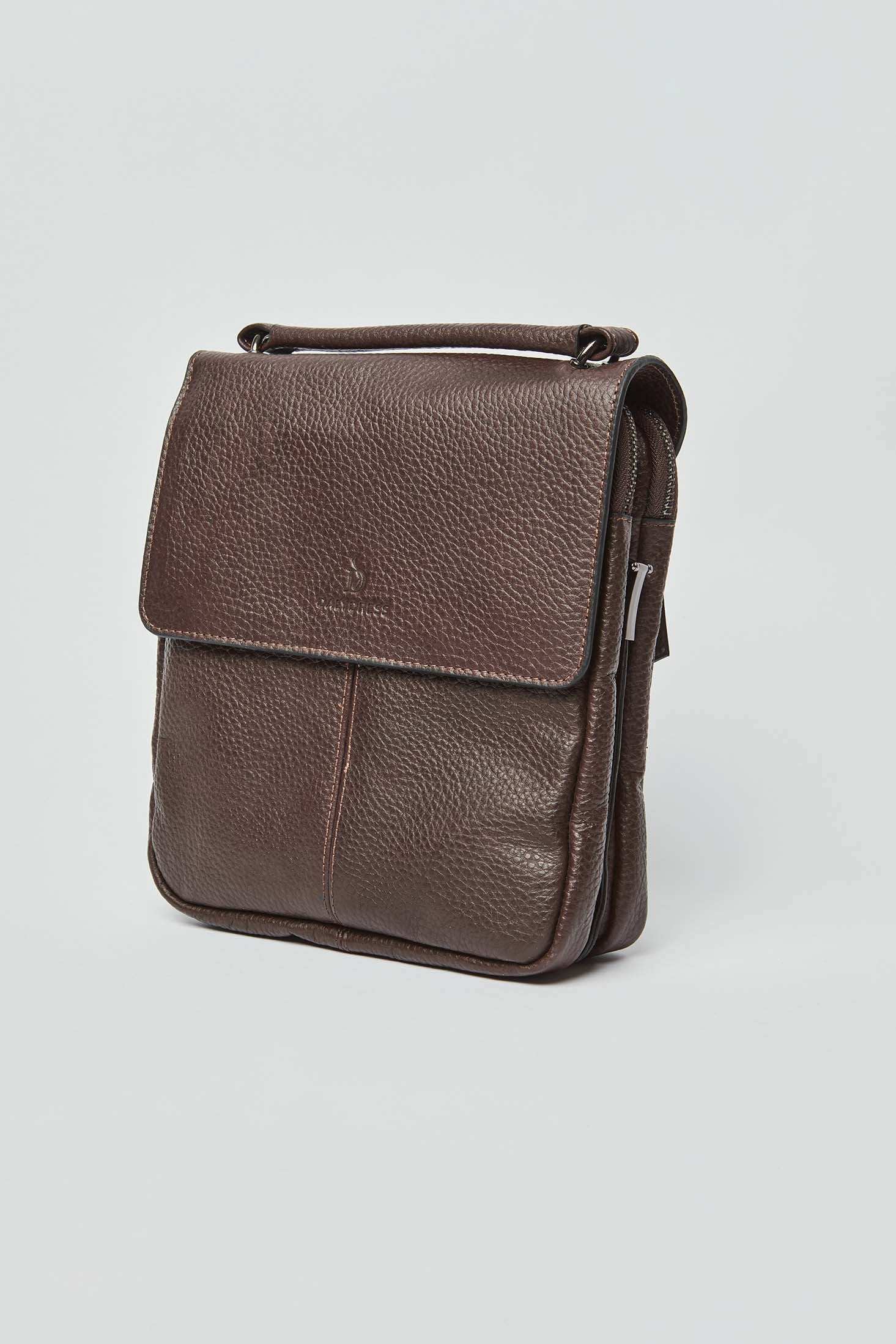 Dalydress men's brown leather crossbody bag with textured finish, front view on white background.
