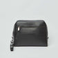 Dalydress black leather men's shoulder bag with front zipper pocket on white background