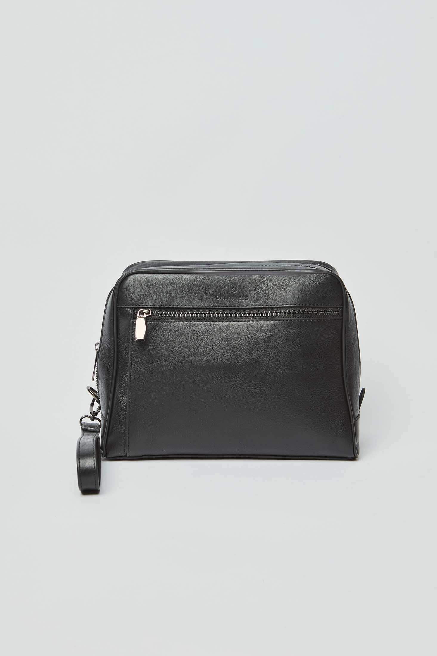 Dalydress black leather men's shoulder bag with front zipper pocket on white background