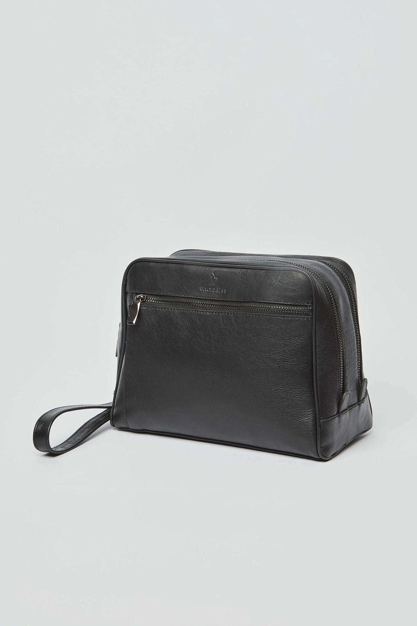 Dalydress black leather toiletry bag with wrist strap and front zipper pocket