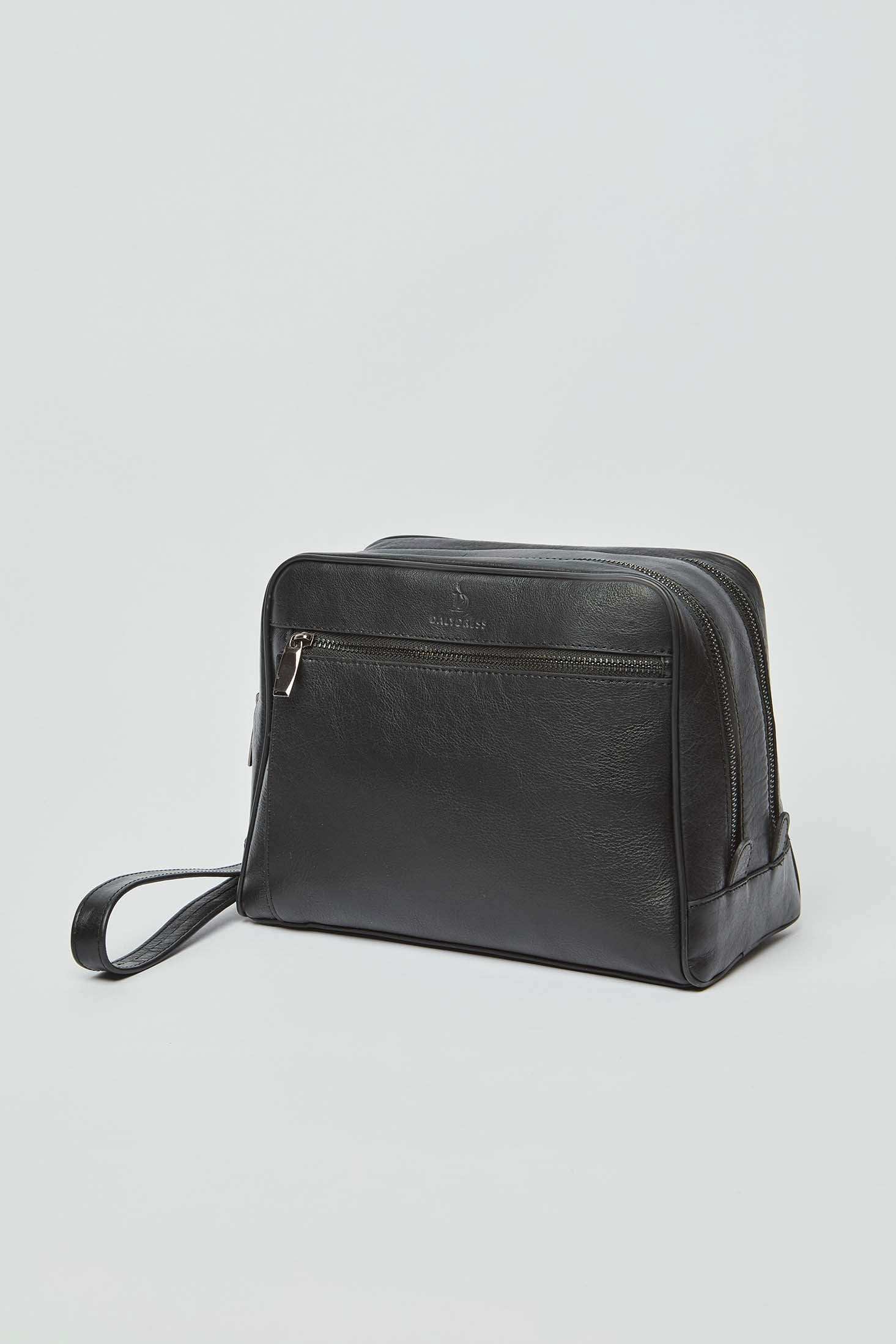 Dalydress black leather toiletry bag with wrist strap and front zipper pocket
