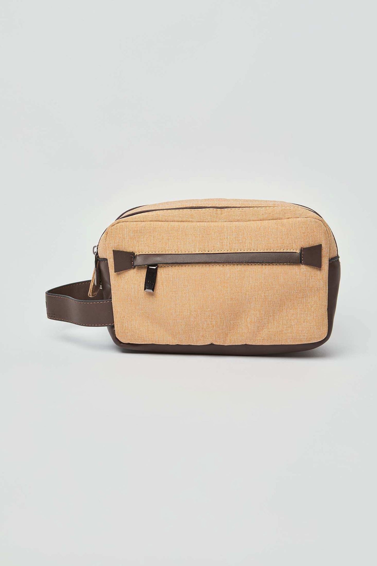 Dalydress beige and brown men's toiletry travel bag with front zipper pocket on white background