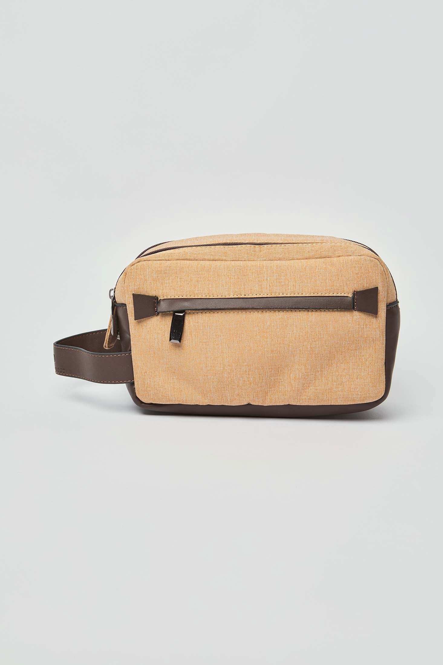 Dalydress beige and brown men's toiletry travel bag with front zipper pocket on white background