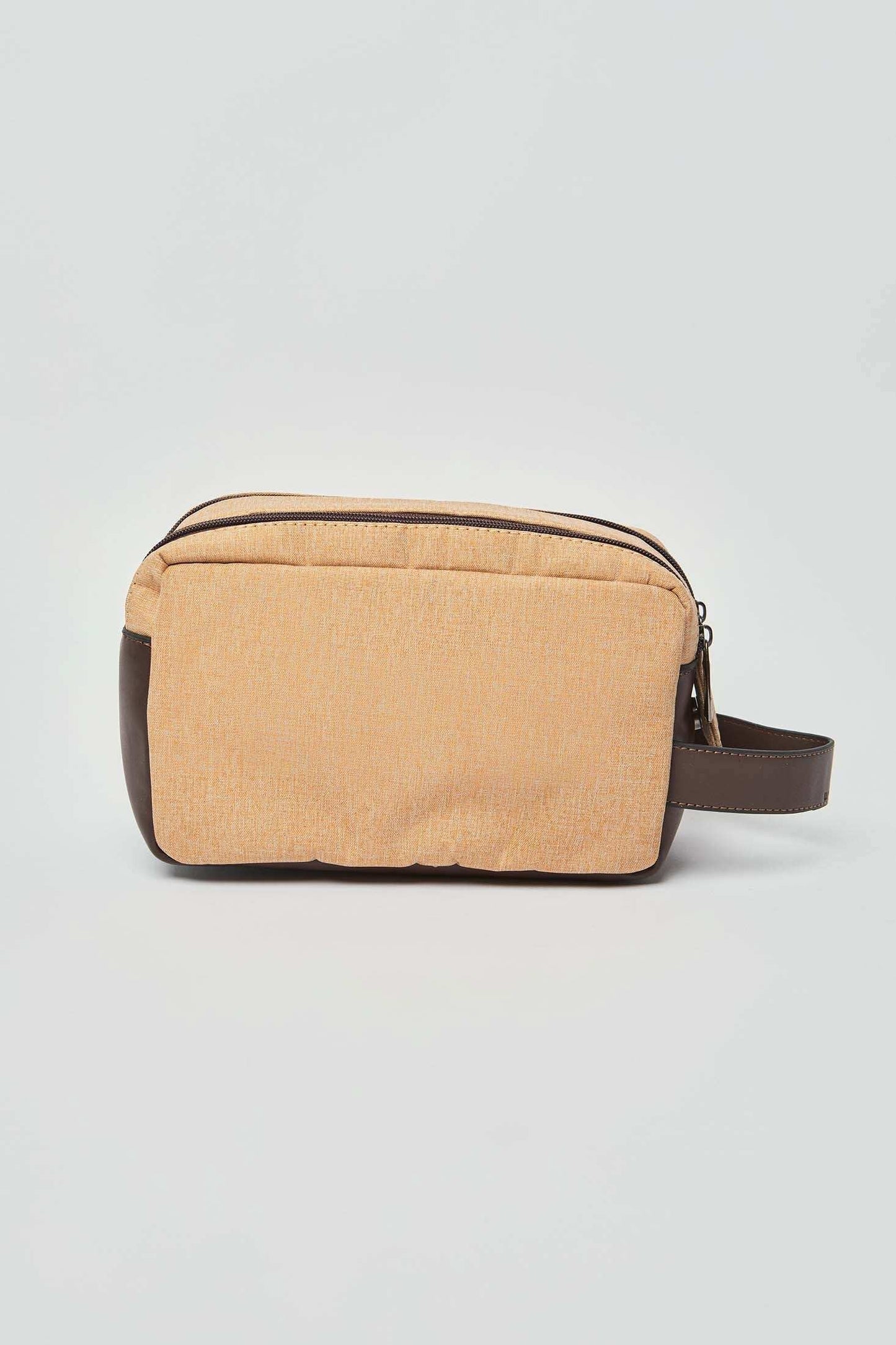 Dalydress men's beige and brown fabric toiletry bag with zipper and handle on a plain background
