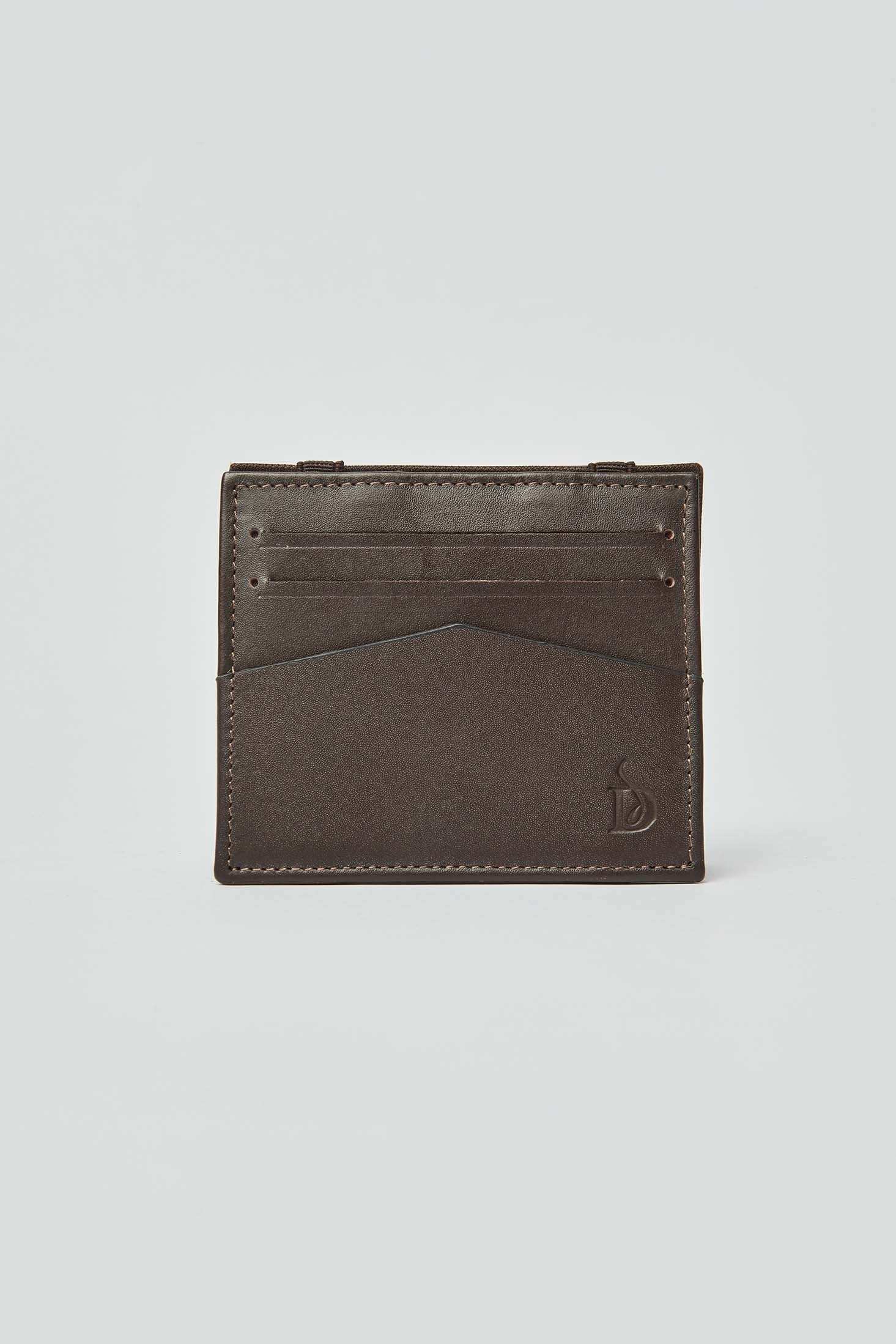 Dalydress brown leather card holder with logo, minimalist men's accessory on light background