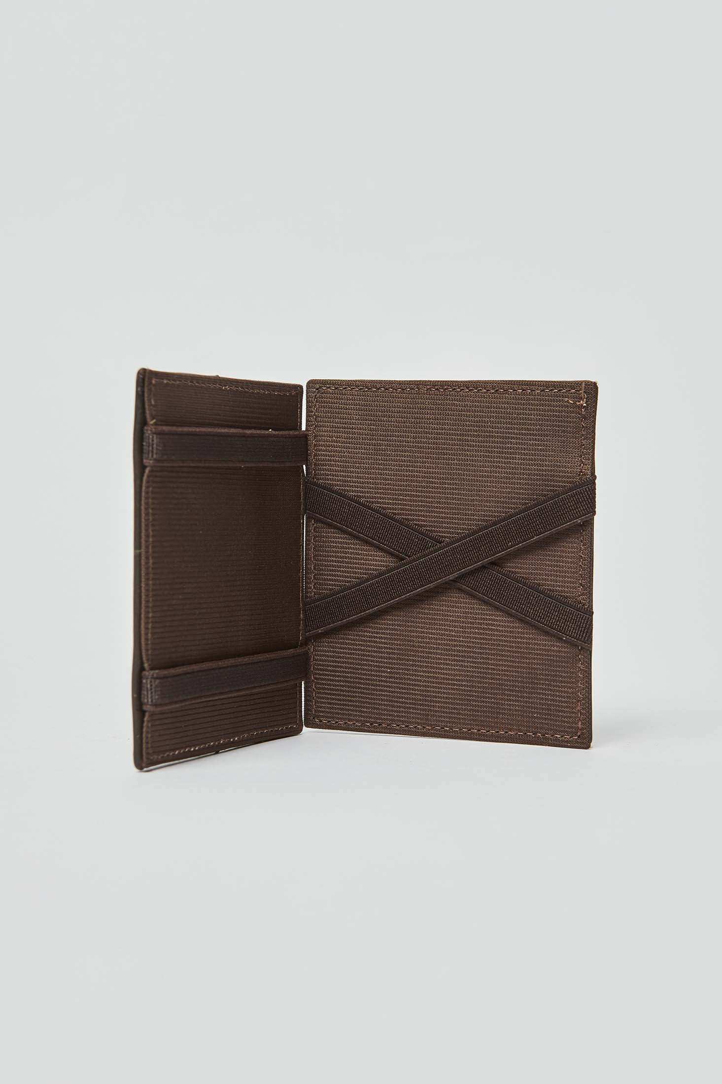 Brown Dalydress men's wallet with elastic bands, open and standing on a light background