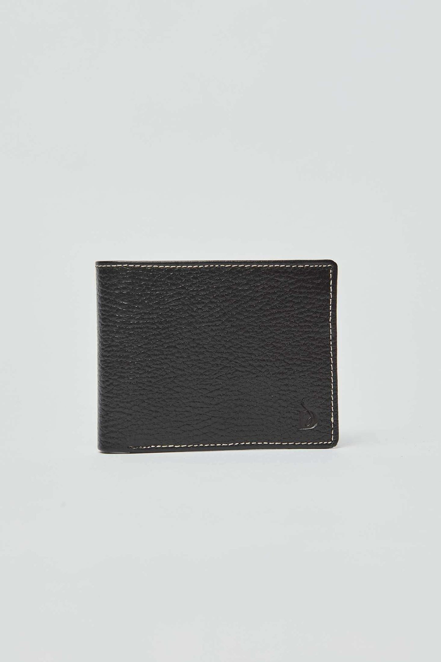 Dalydress black textured men's leather wallet with white stitching on a plain background