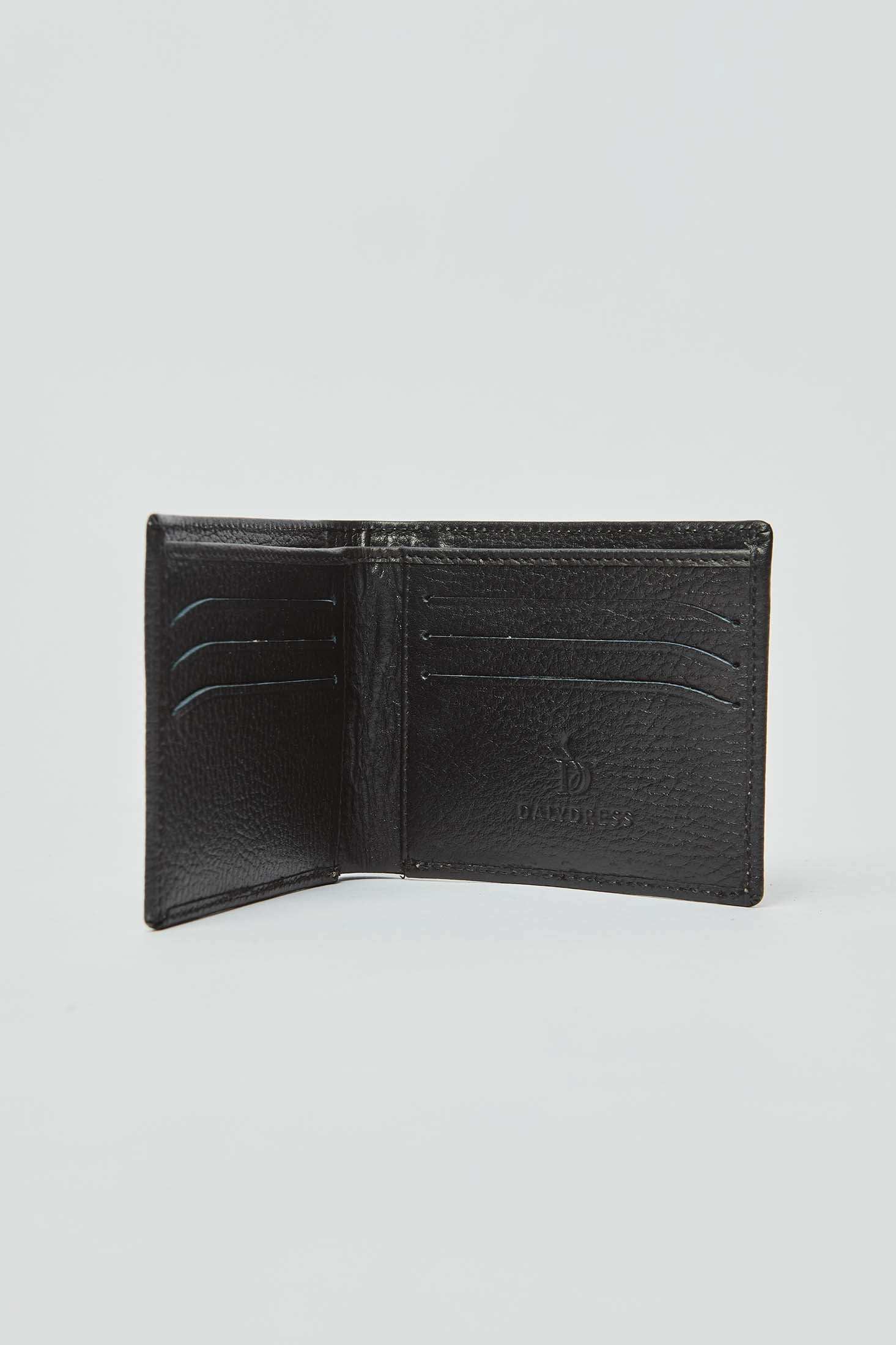 Dalydress black leather wallet open with multiple card slots on white background
