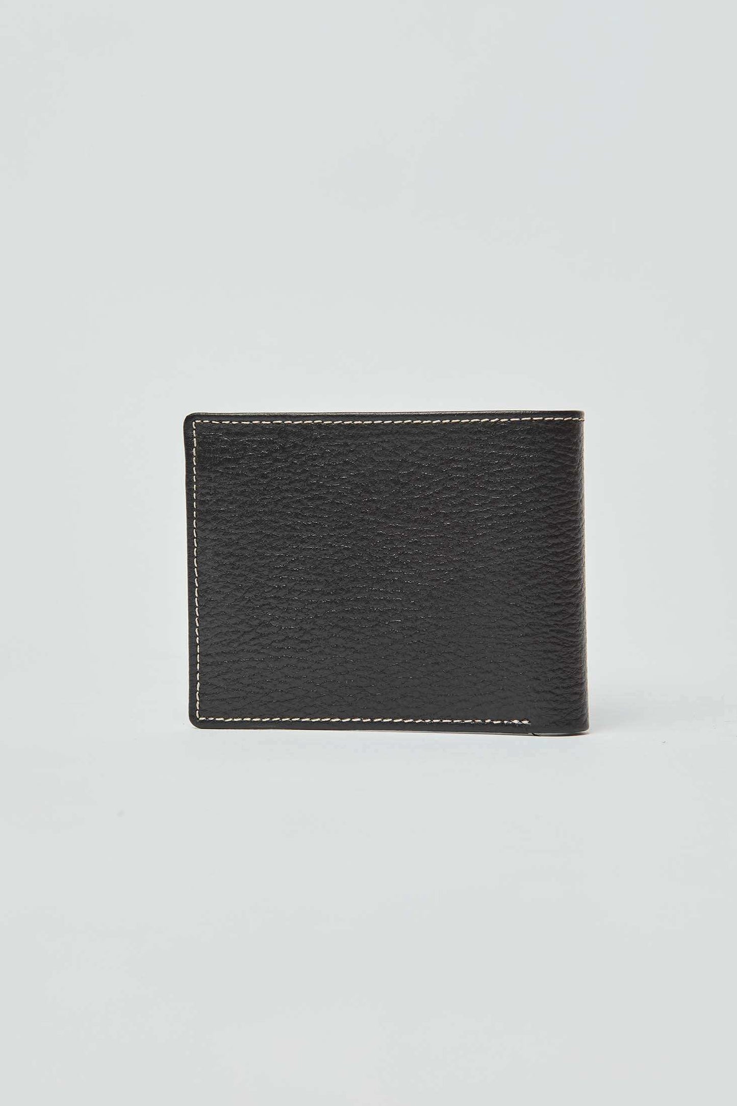 Dalydress black leather men's wallet with contrast stitching on white background