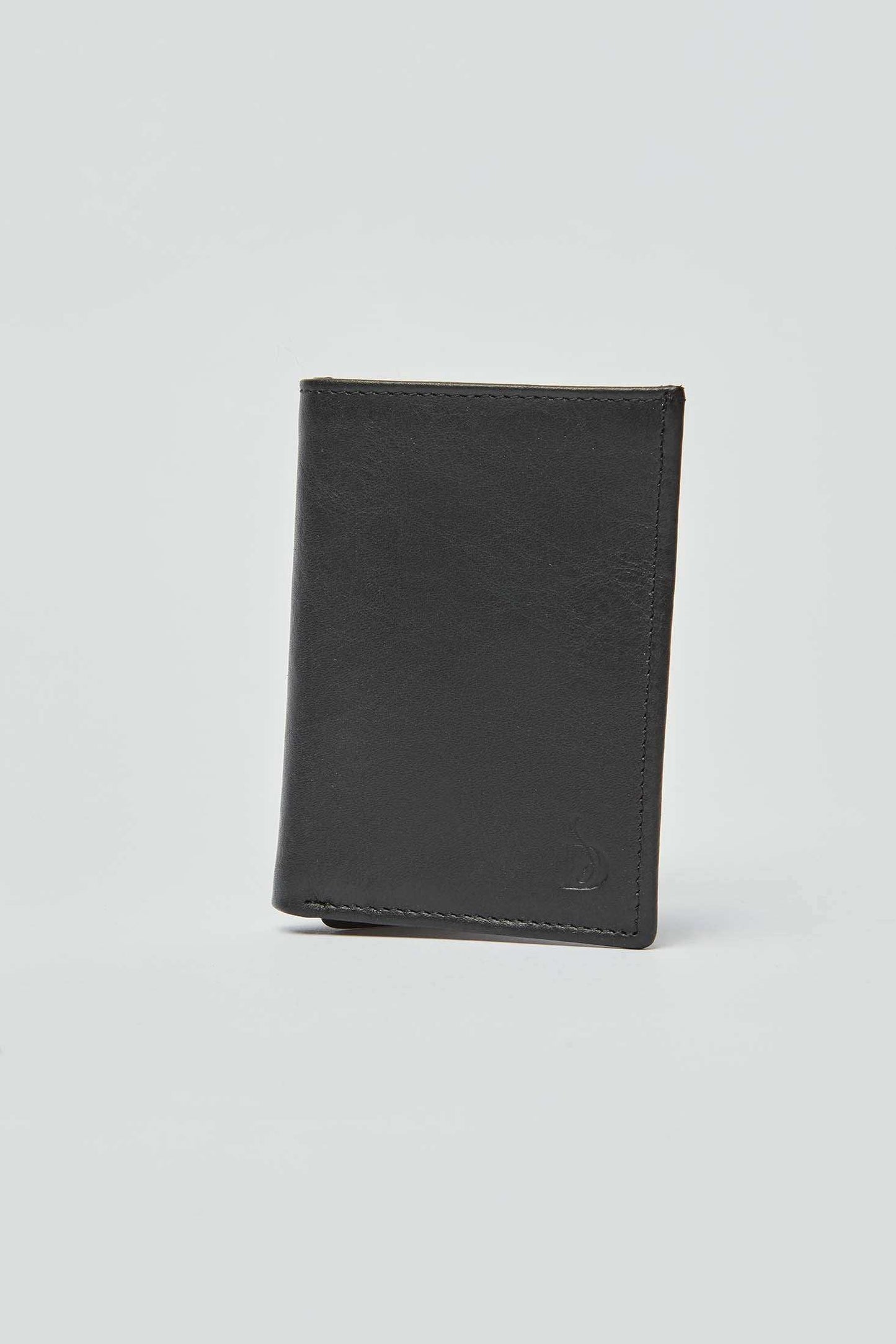 Dalydress black leather men's wallet with embossed logo on plain background