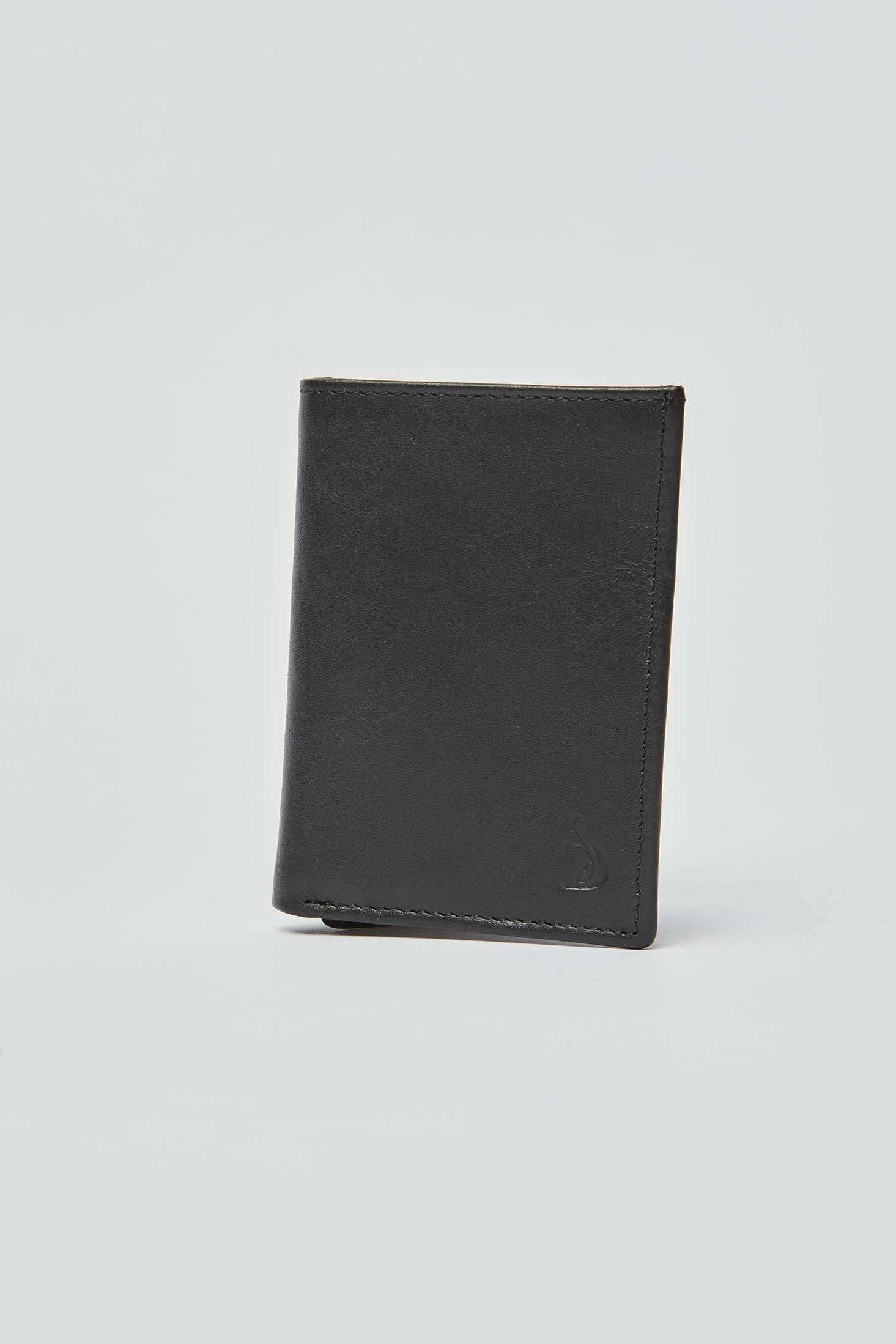 Dalydress black leather men's wallet with embossed logo on plain background
