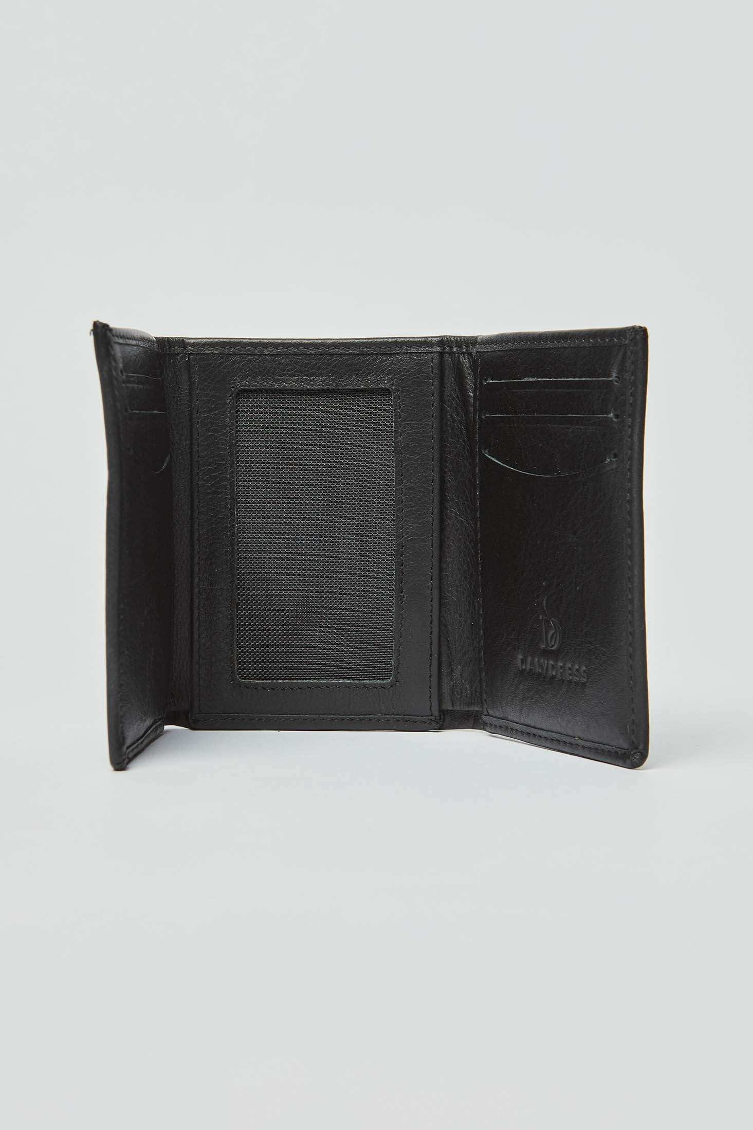Black Dalydress men's leather wallet open, showing card slots and ID window on white background