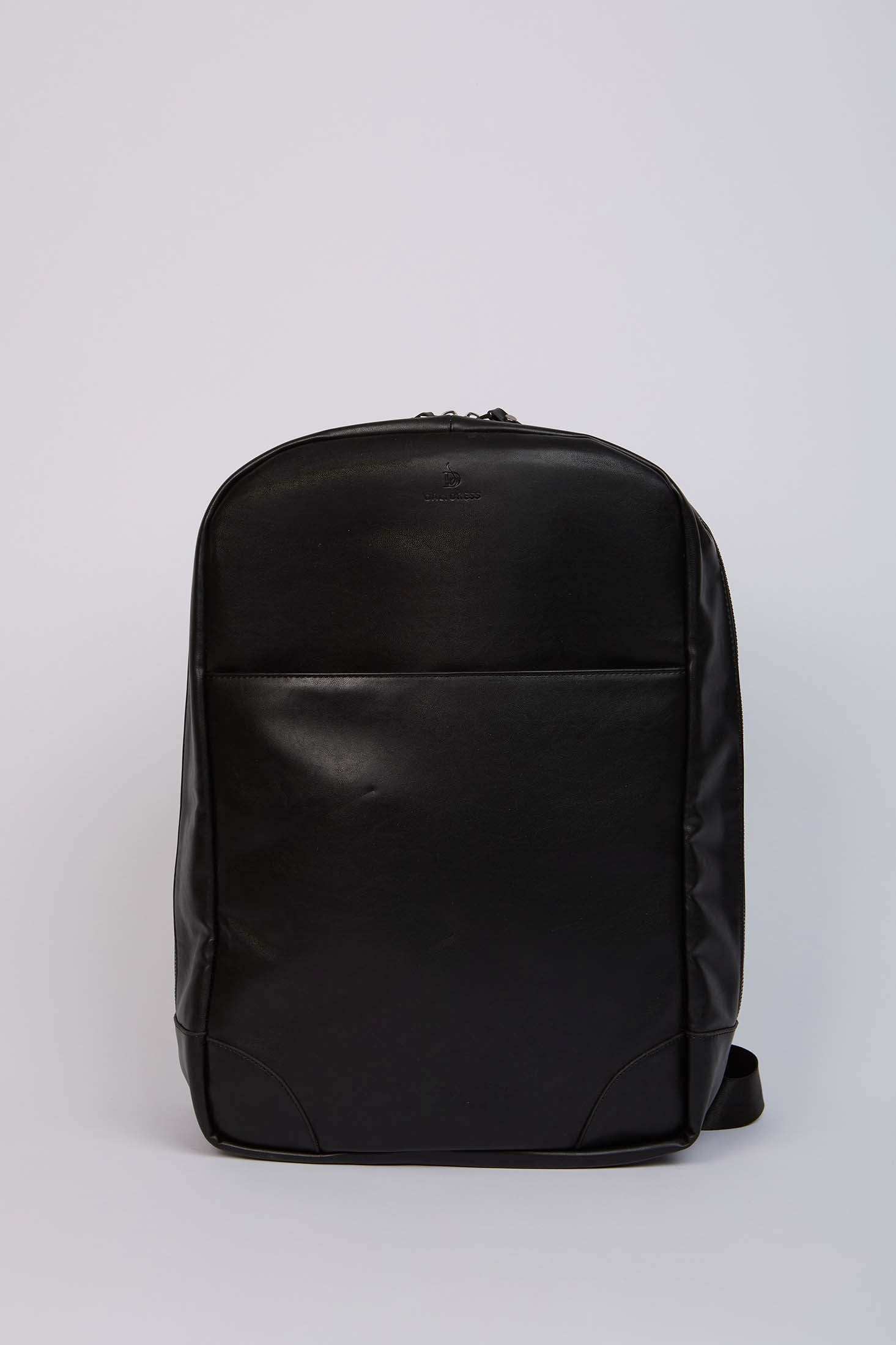 Dalydress black leather backpack with front pocket on white background