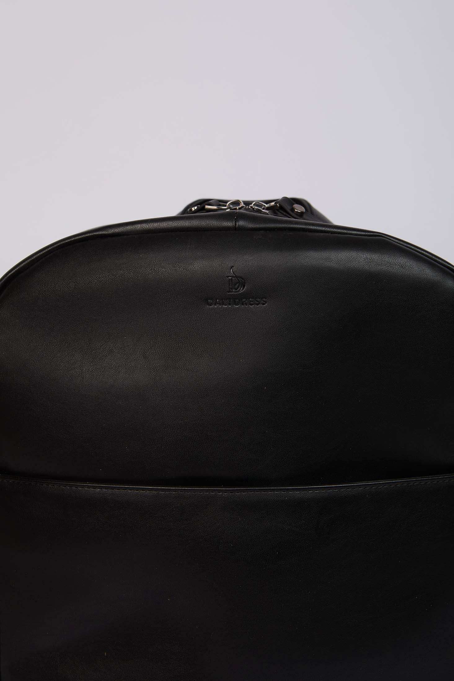 Dalydress black leather backpack with embossed logo on plain background