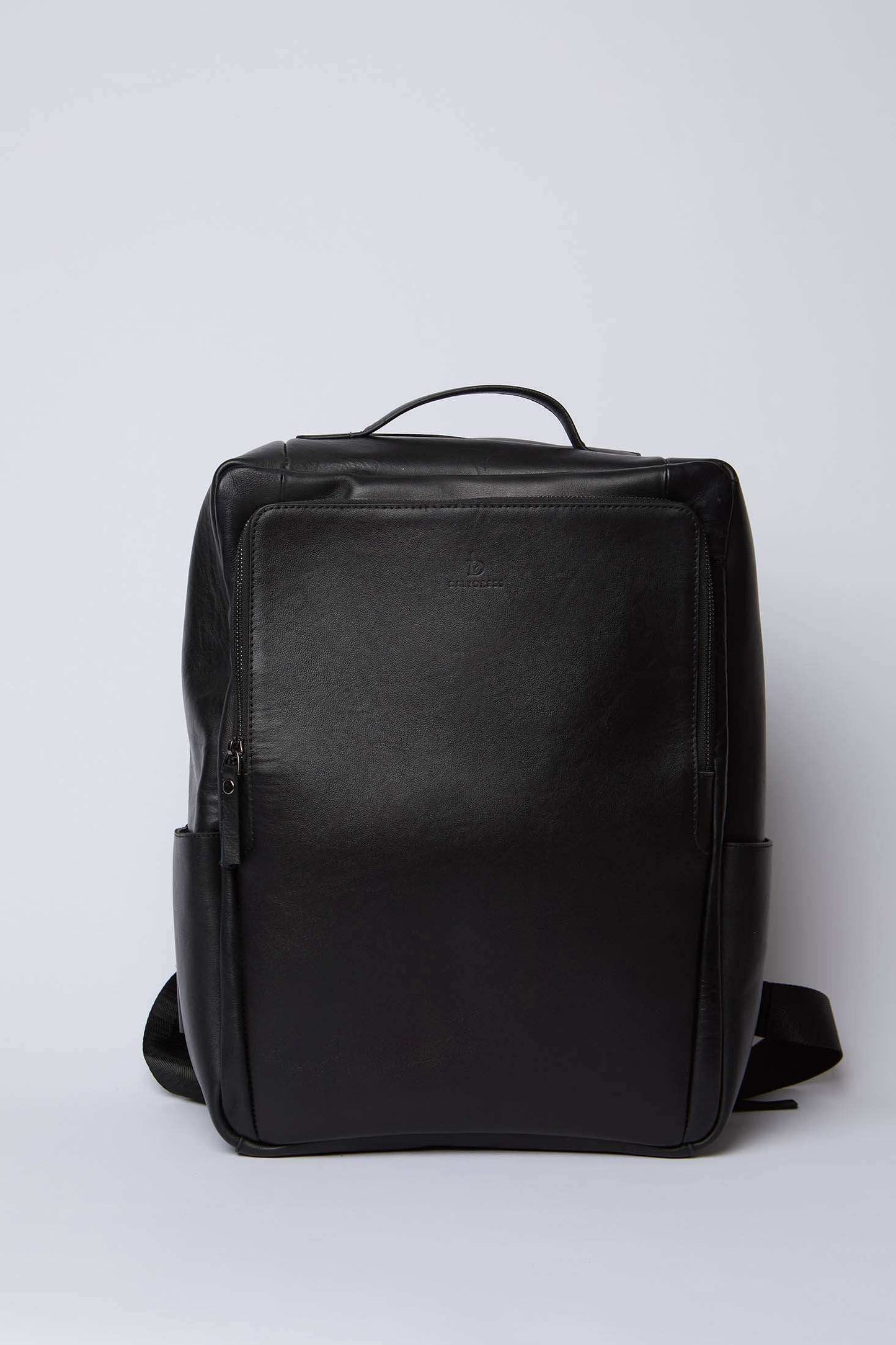 Dalydress black leather backpack with top handle and front zipper pocket on white background