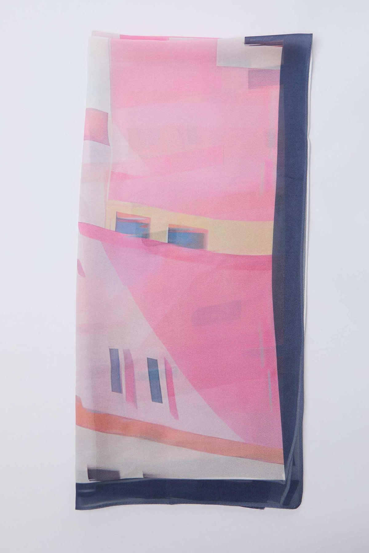 Light pink chiffon scarf with abstract geometric print and navy border on white background
