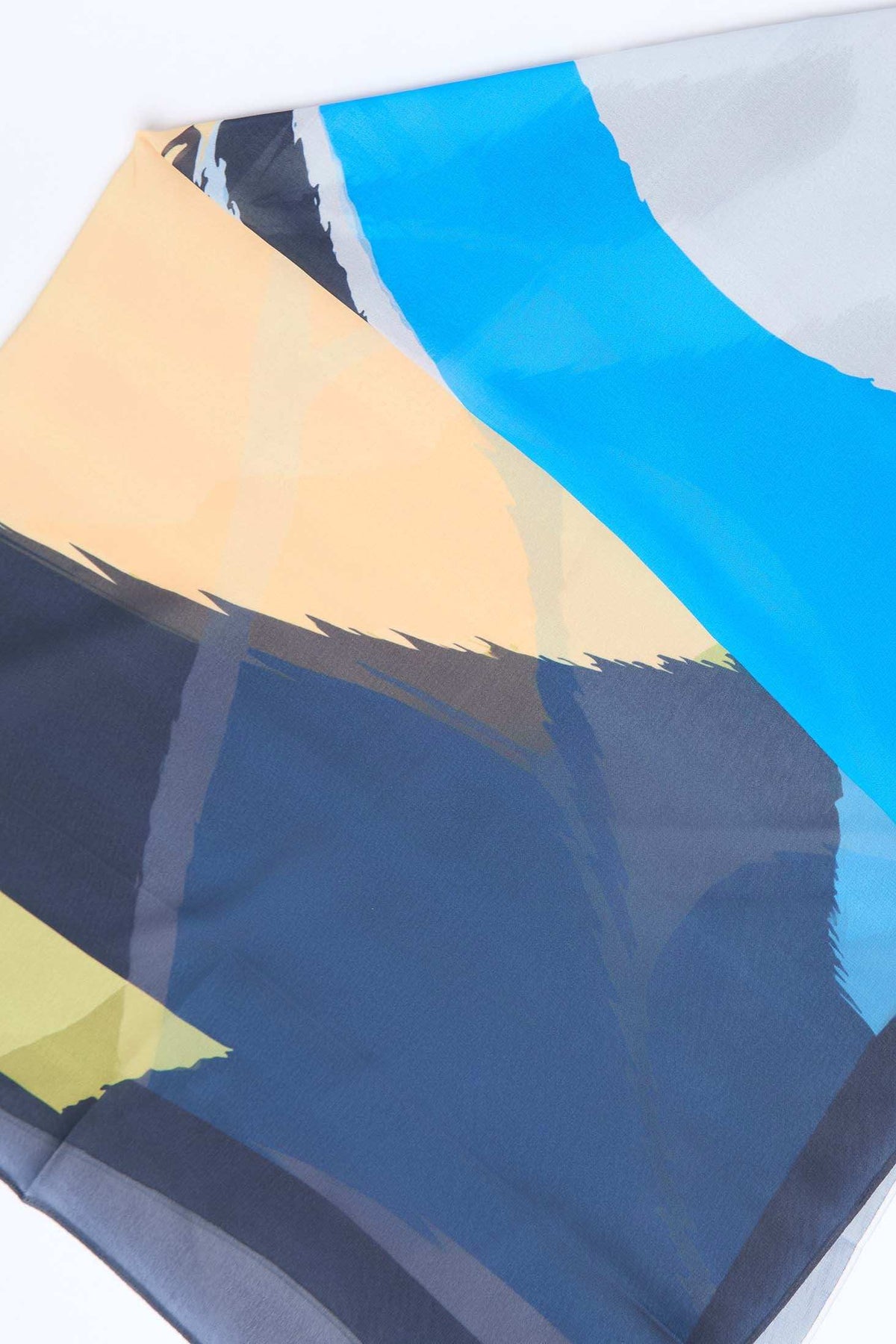 Colorful abstract patterned scarf with blue, yellow, and gray brushstroke design