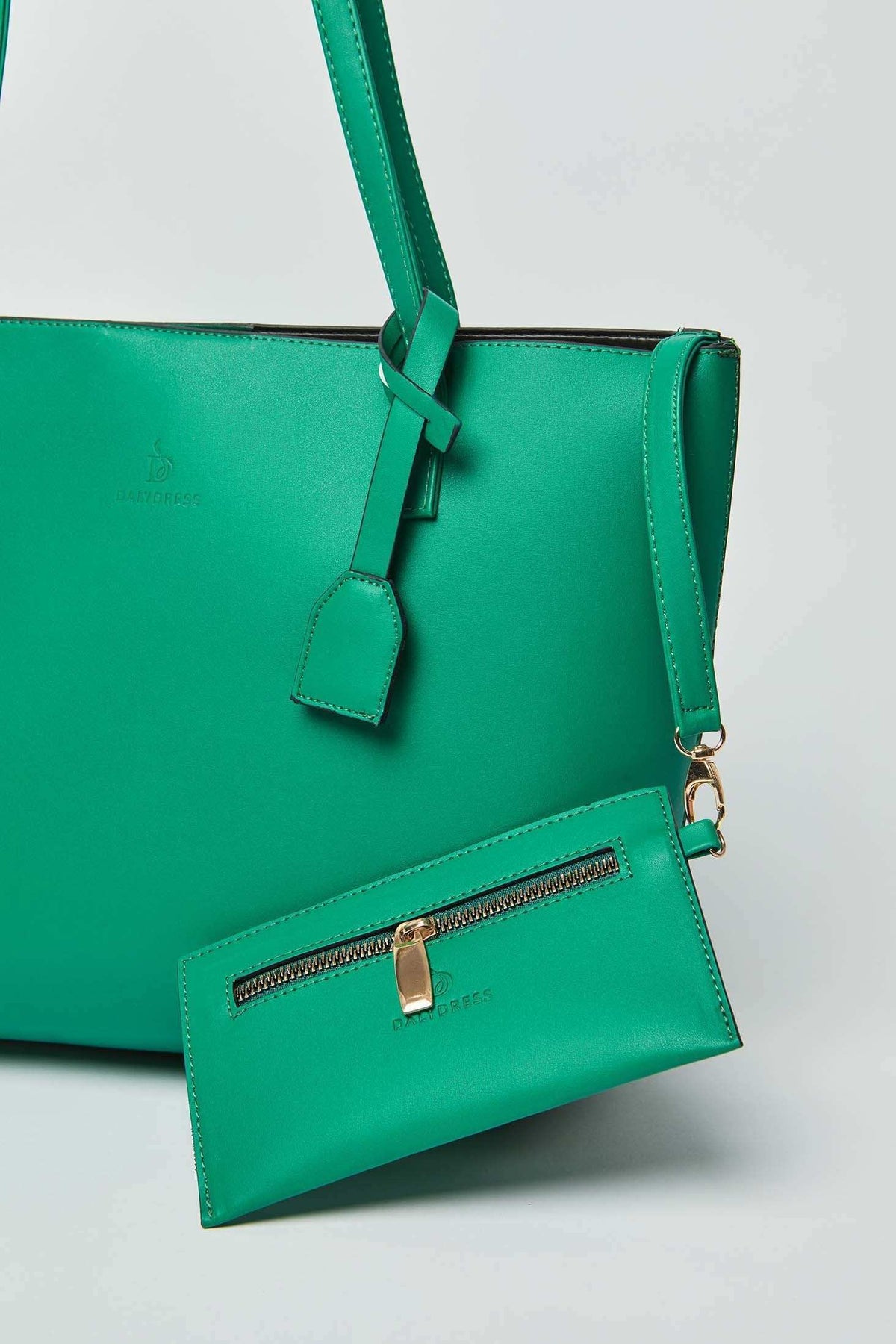 Dalydress green women's tote bag with matching zip pouch, gold zipper and branding