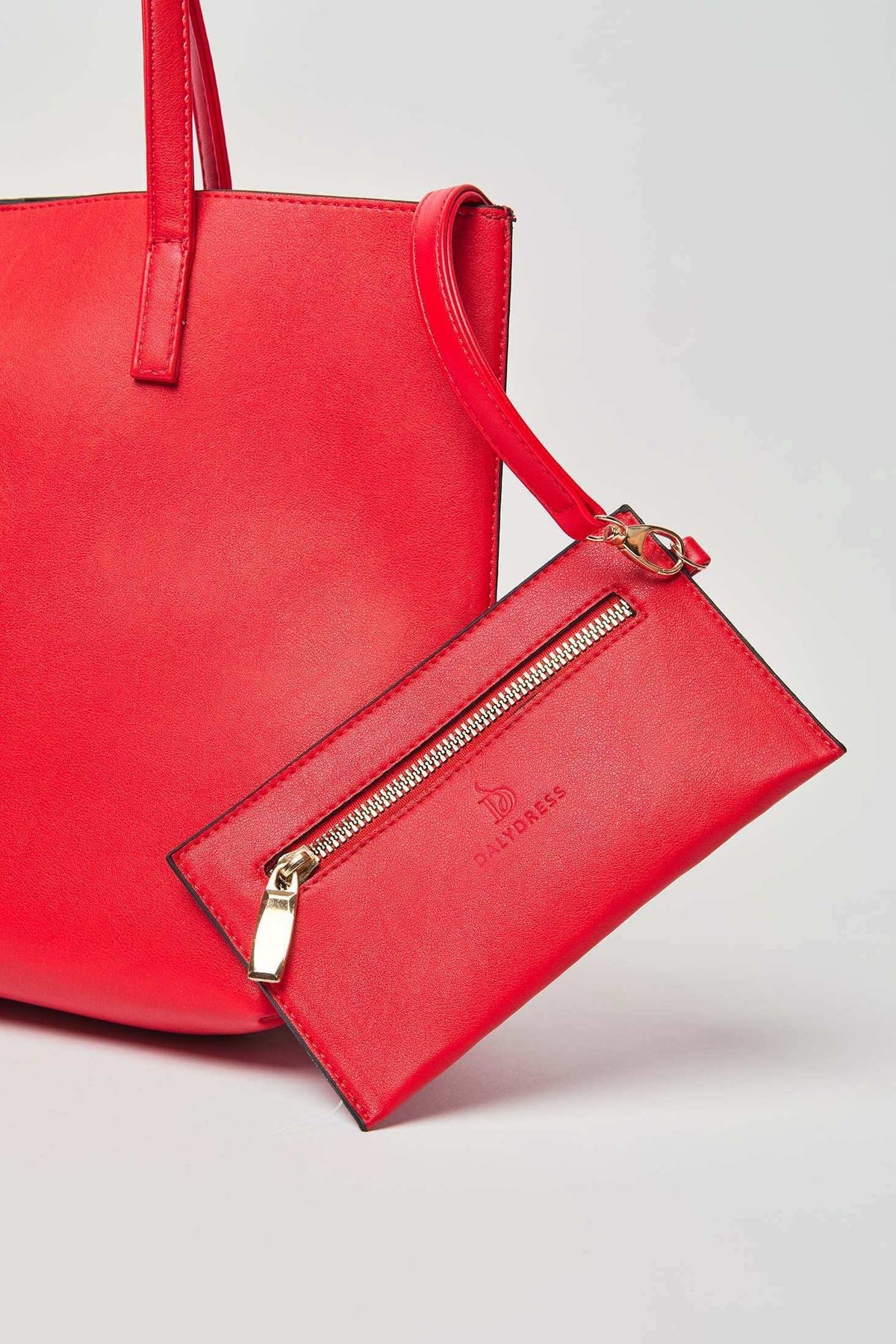 Dalydress red leather tote bag and matching zippered pouch with gold hardware