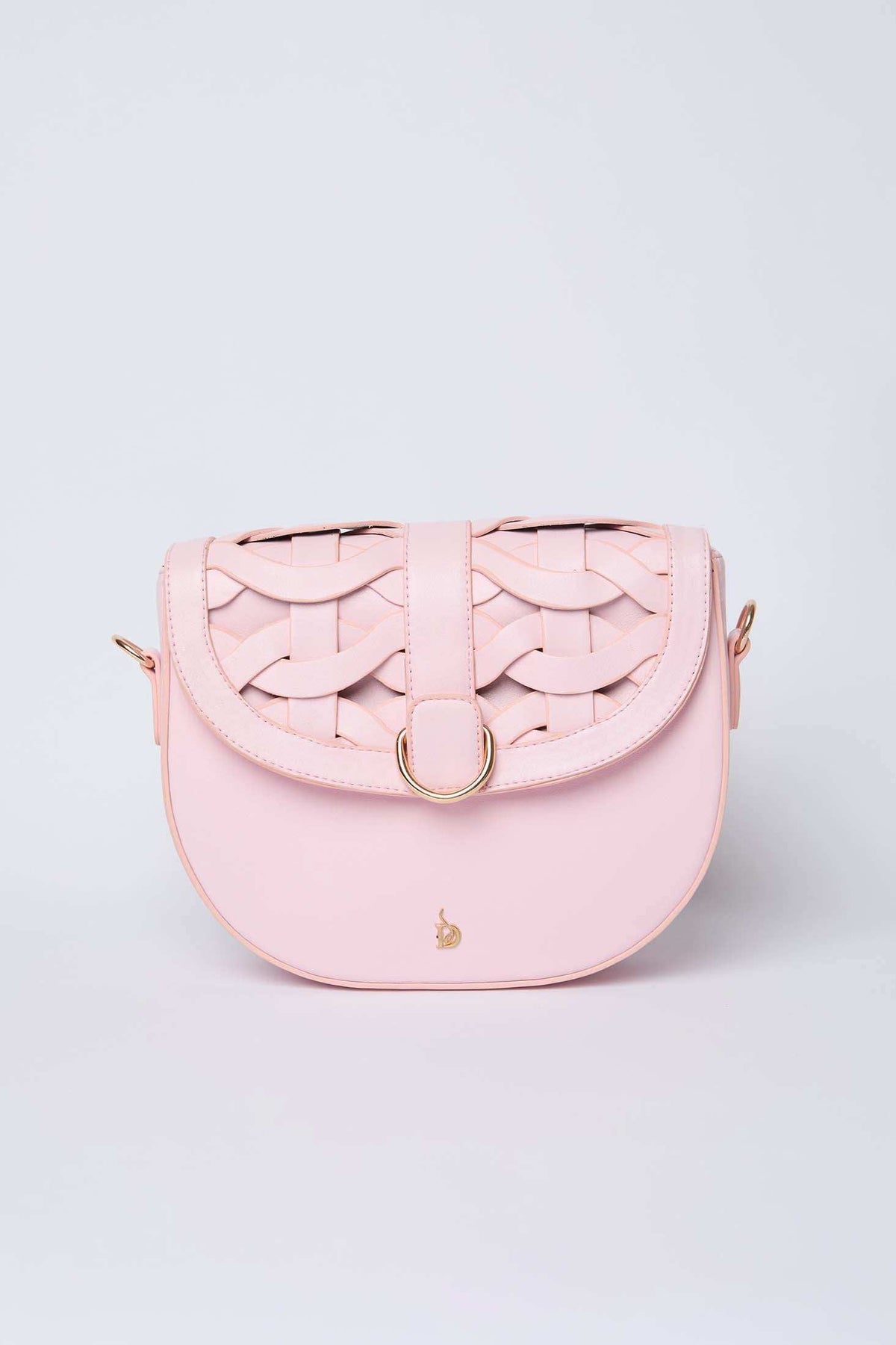 Dalydress pastel pink woven crossbody bag with gold hardware, women's accessory on white background