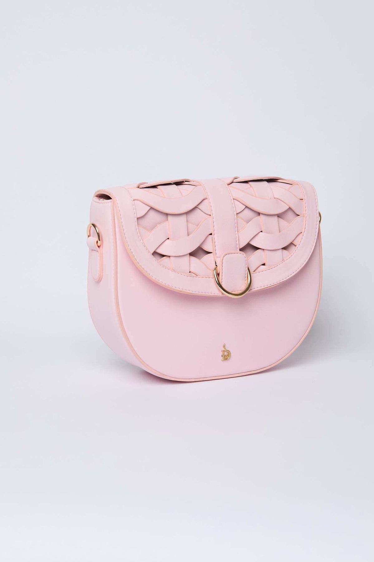 Dalydress pastel pink women's crossbody bag with woven flap and gold hardware on white background